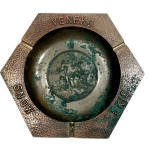 VTG 1960s Cast Bronze Brass Ashtray Advertising Veneko Snow Skis Patina Hexagon